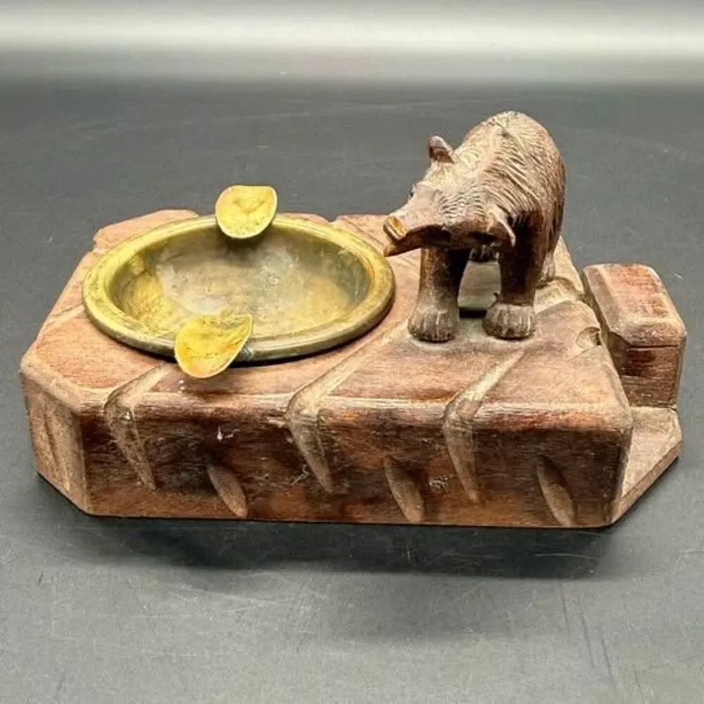 Antique 1920’s Hand-Carved Swiss Black Forest Bear Ashtray - Interlaken